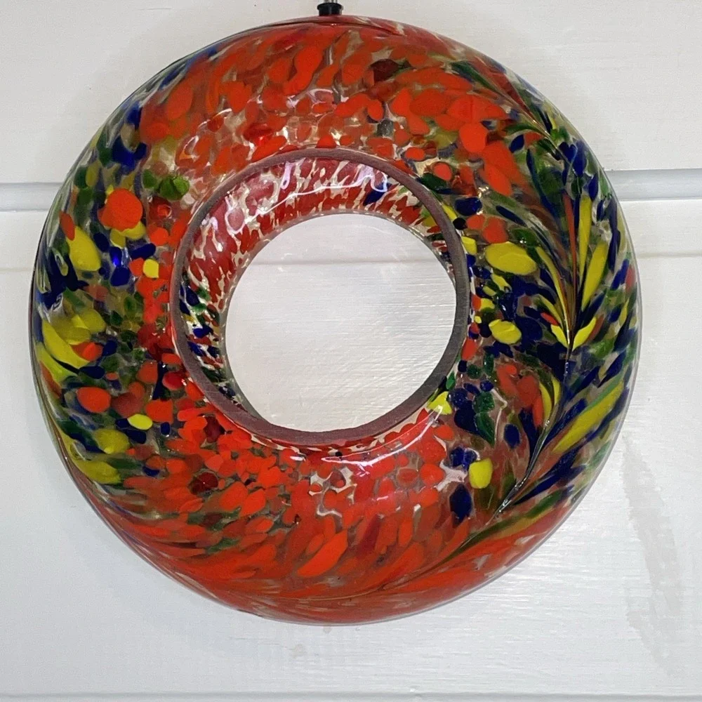 Designer Circular Doughnut‎ Hanging Art Speckled Glass Bird Feeder Hand Blown